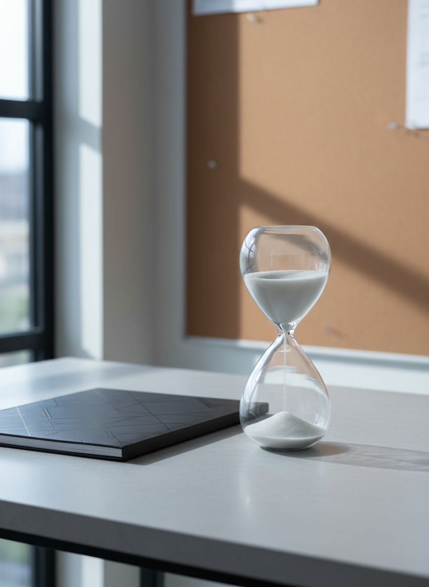 A transparent glass hourglass filled with fine white sand, standing upright on a perfectly smooth, pale stone desk. To the side rests a closed charcoal folder with subtle embossed detailing, while a neutral-toned cork bulletin board is faintly visible in the softly blurred background. Cool natural light streams in from the left, highlighting the sand’s edges and casting precise, soft-edged shadows that anchor the hourglass firmly. Photographed from an eye-level perspective with a sharply focused foreground and smooth gradation into the background, the mood is calm and contemplative. The composition features strong, clean lines and negative space, resulting in a minimalist, modern, and highly professional visual that embodies evidence-based inquiry and the passage of time in scientific study.