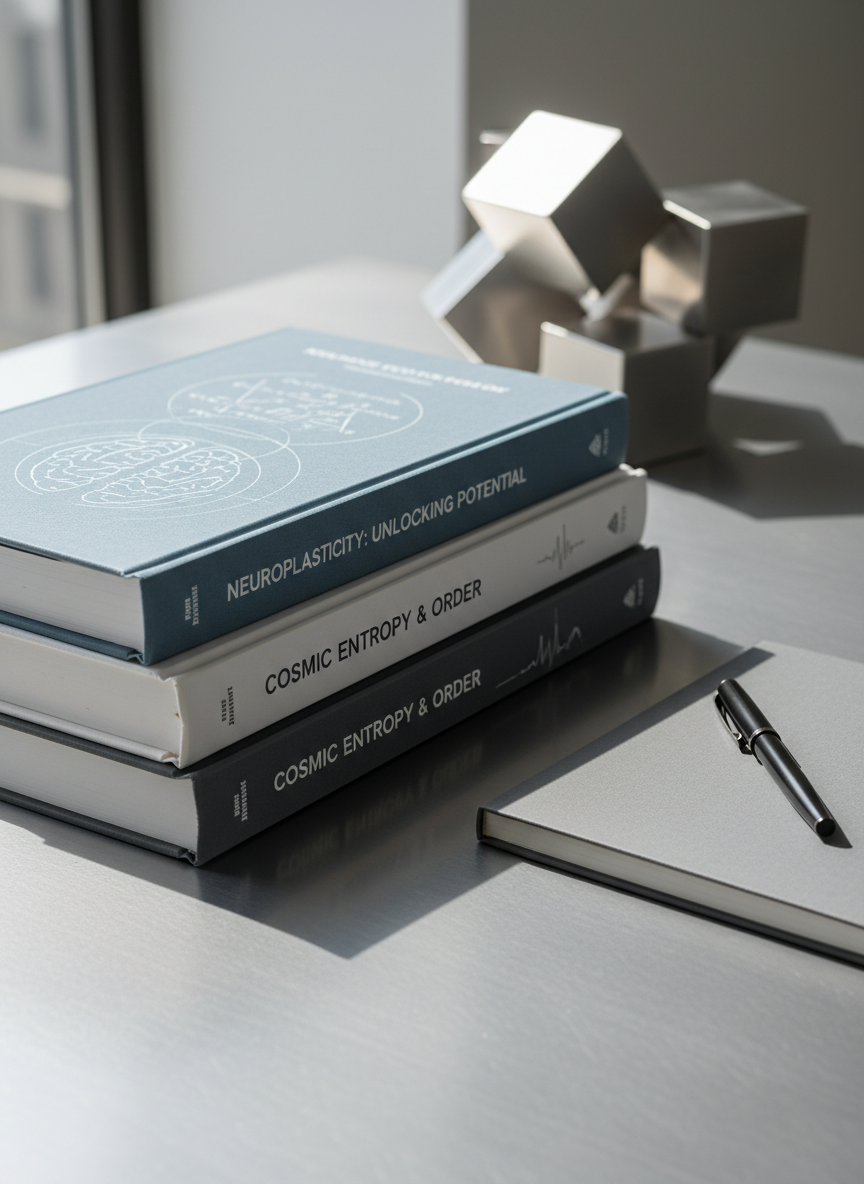 A meticulously organized stack of hardcover science books with clean, crisp dust jackets in subtle shades of slate blue, ivory, and charcoal. The books are arranged neatly on a brushed steel tabletop, beside a matte grey notebook and a minimalist pen, with a simple geometric sculpture in the background. Soft, diffused daylight enters from an unseen window, bathing the scene in gentle neutrals and creating delicate, controlled shadows. The composition is carefully balanced, with a rule-of-thirds layout drawing focus to the books. Captured from a slightly elevated angle with sharp detail throughout, the mood is professional, structured, and intellectually inviting. The overall look is photographic realism with a clean, corporate aesthetic, reinforcing the magazine’s expertise in the science and psychology domain.